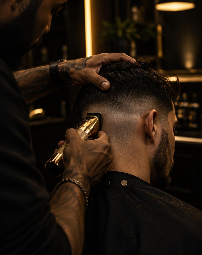 Barber detailing a precision fade with gold clippers